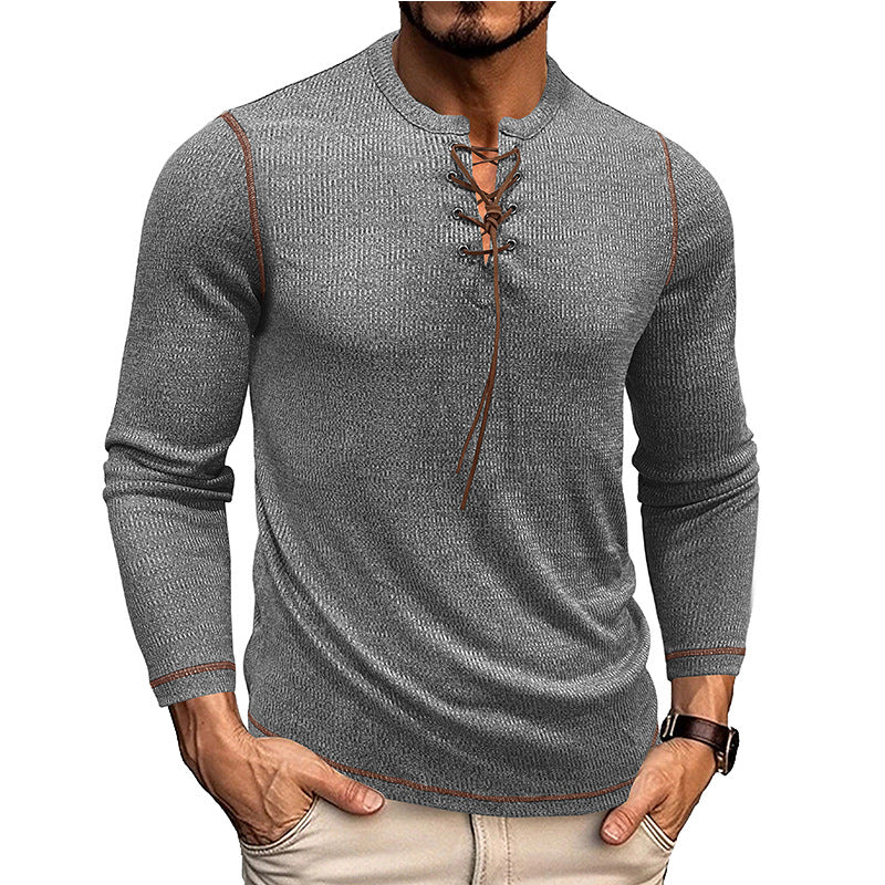 Men’s Long Sleeve Shirt – Slim Fit – Knit Texture – Lace-Up Neck – Casual Style