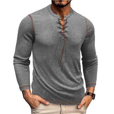 Men’s Long Sleeve Shirt – Slim Fit – Knit Texture – Lace-Up Neck – Casual Style