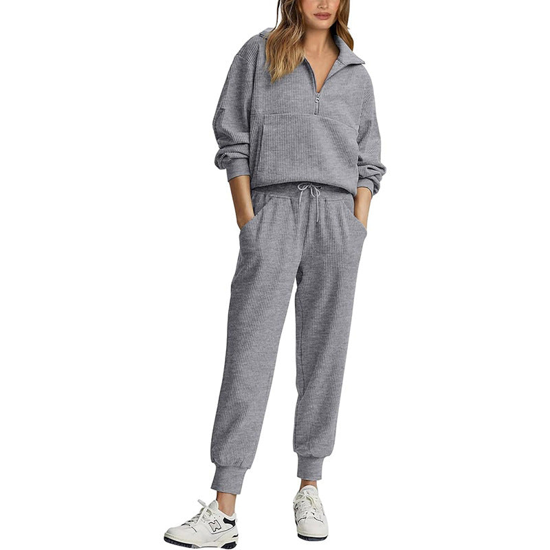 Women’s Tracksuit Set – Ribbed Fabric – Relaxed Fit – Half Zip Top – Drawstring Pants