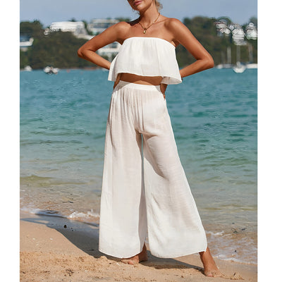 Women’s Two-Piece Set – Strapless Crop Top – High-Waist Wide-Leg Pants – Lightweight