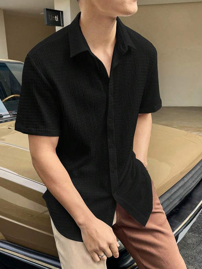 Men’s Short Sleeve Shirt – Cotton Blend – Regular Fit – Textured Button-Front Casual