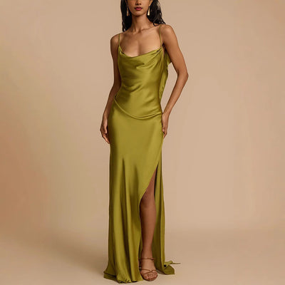 Women’s Slip Dress – Satin Fabric – Slim Fit – Cowl Neck – Side Slit – Full Length