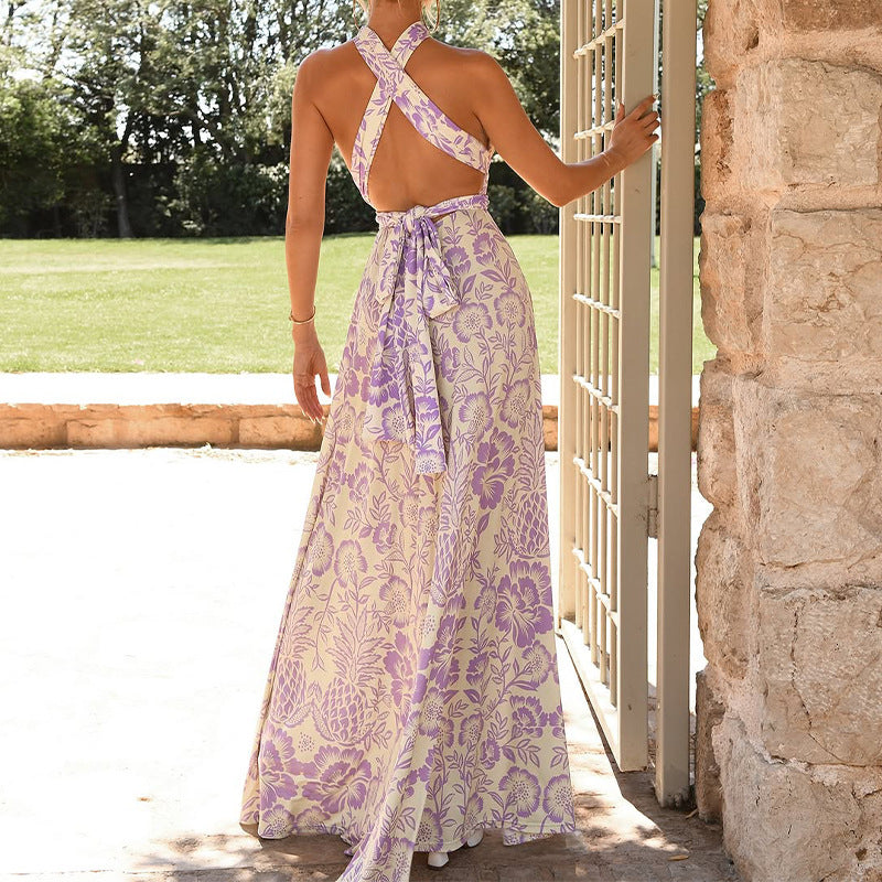 Women’s Halter Neck Dress – Full Length – Floral Print – Backless – Flowy Fit