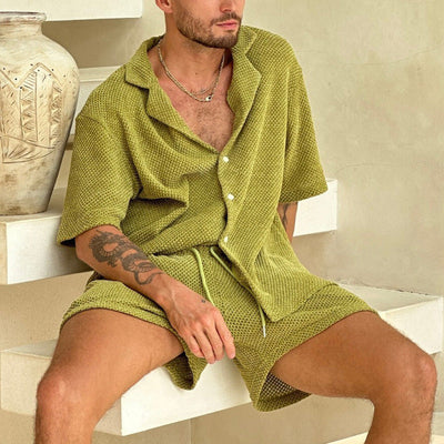 Men’s Outfit Set – Button-Up Shirt and Drawstring Shorts – Relaxed Fit Lightweight