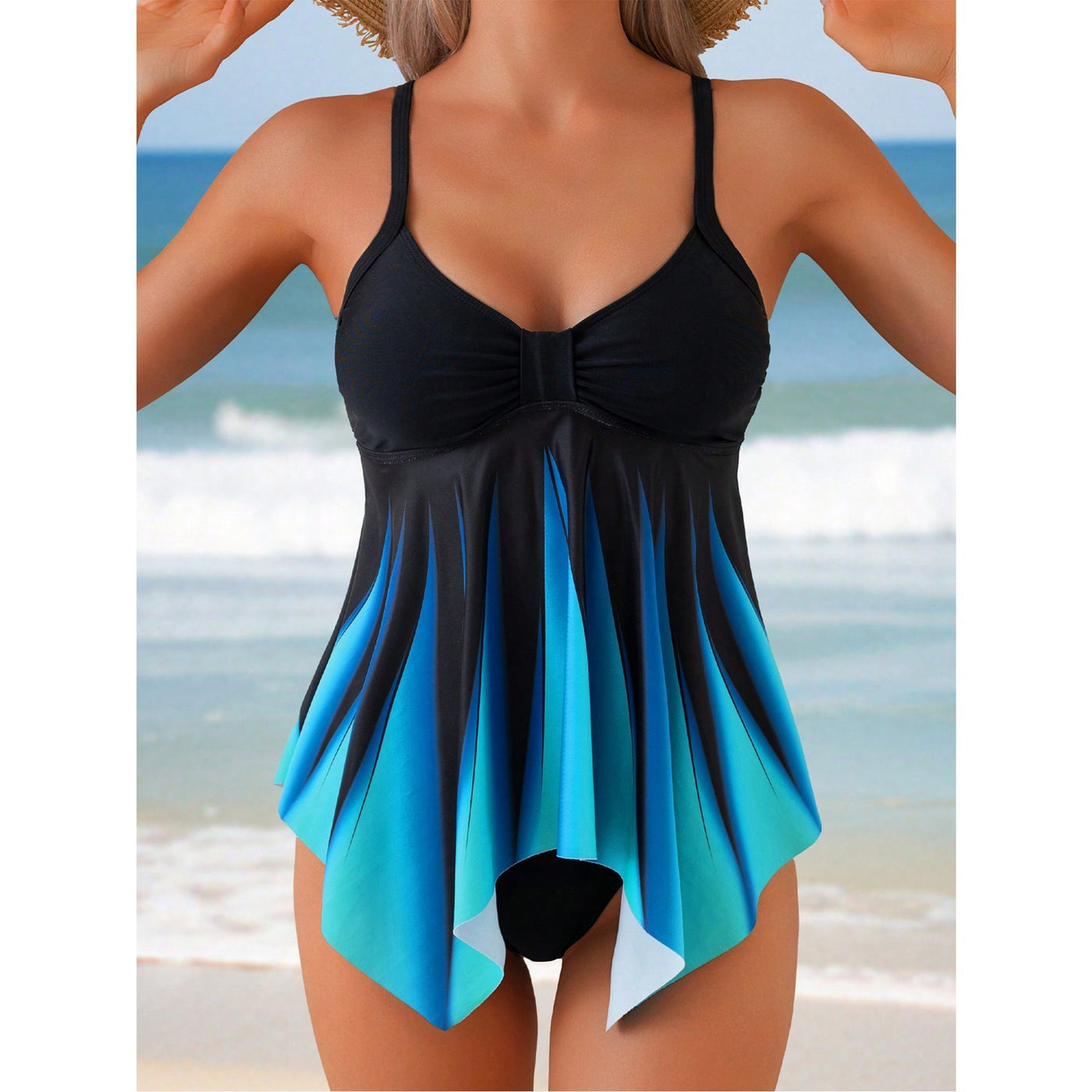Women’s Tankini Top – Flowing Fit – V-Neck – Ruched Bust – Asymmetrical Hem – Spaghetti Straps