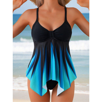 Women’s Tankini Top – Flowing Fit – V-Neck – Ruched Bust – Asymmetrical Hem – Spaghetti Straps
