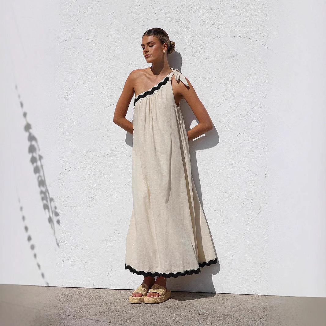 Women’s Long Dress – One Shoulder – Tie Strap – Relaxed Fit – Scalloped Hem – Lightweight Fabric