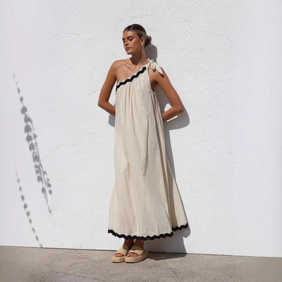Women’s Long Dress – One Shoulder – Tie Strap – Relaxed Fit – Scalloped Hem – Lightweight Fabric