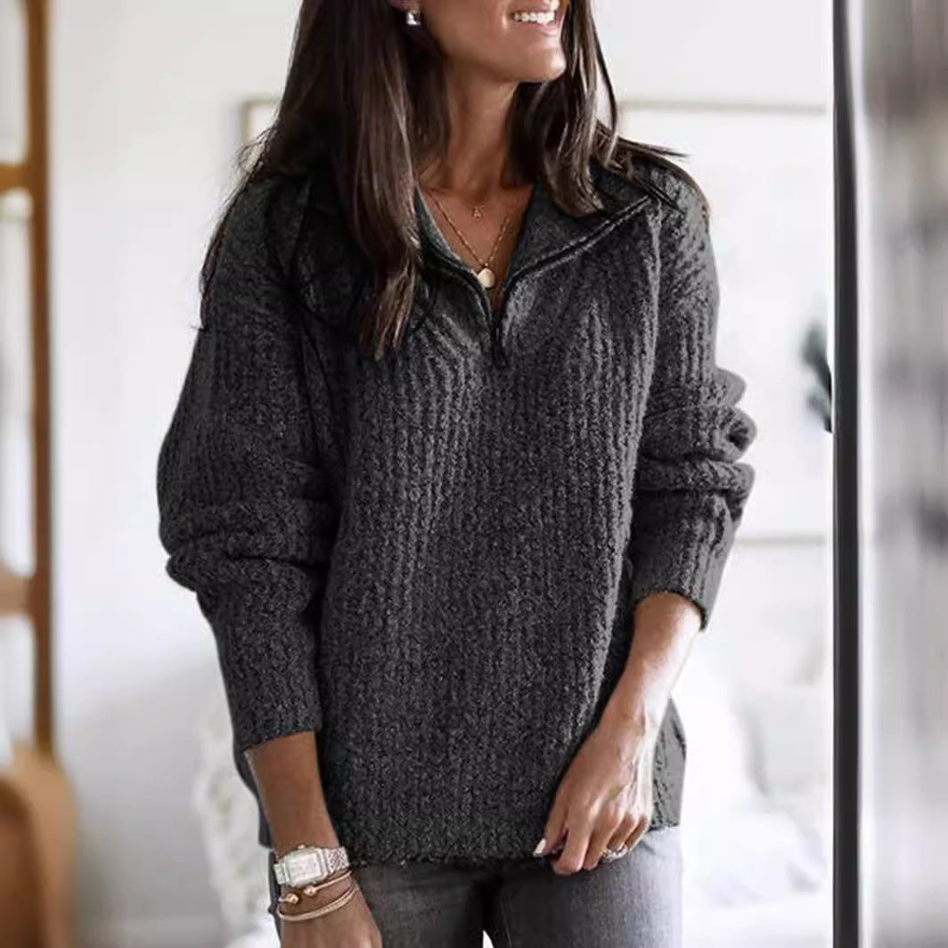 Women’s Knit Sweater Jacket – Ribbed Texture – Half Zip – High Collar – Relaxed Fit
