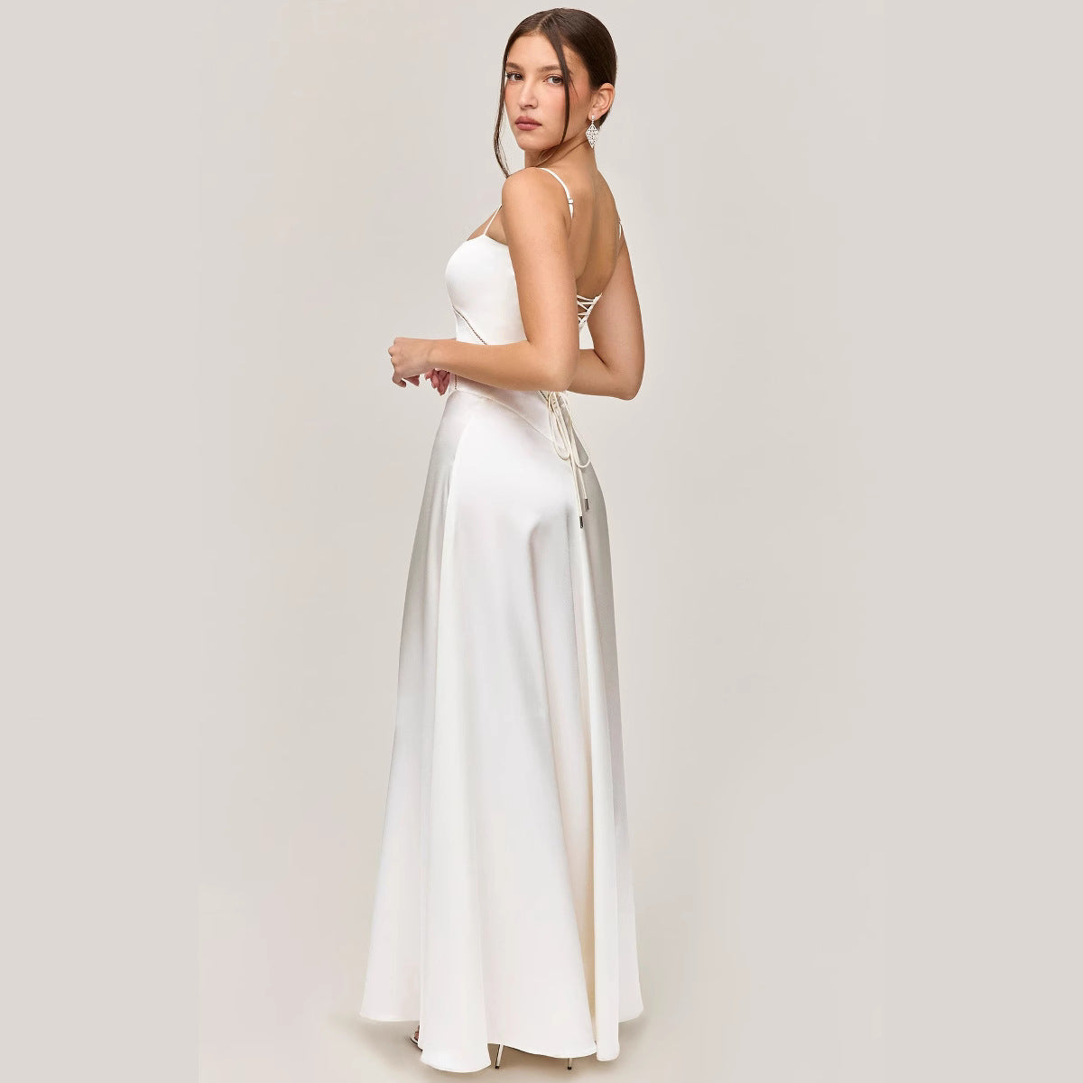 Women’s Midi Dress – Slim Fit – Satin Feel – Lace Bodice – Spaghetti Straps