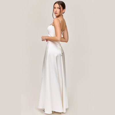 Women’s Midi Dress – Slim Fit – Satin Feel – Lace Bodice – Spaghetti Straps