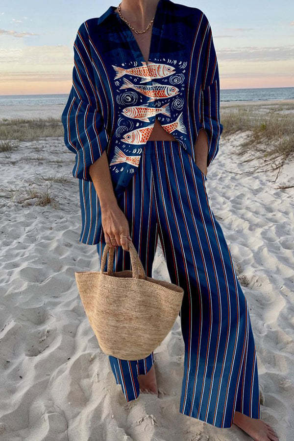 Zairine™ - Blue Koi Print Linen Set