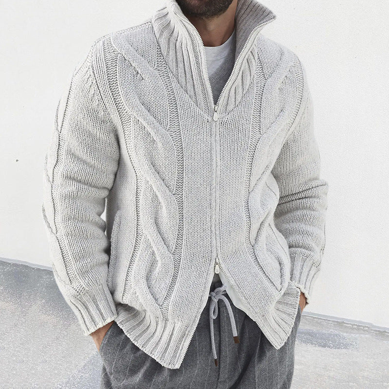 Men’s Knit Cardigan – Wool Blend – Relaxed Fit – High Neck – Zip Front – Cable Knit