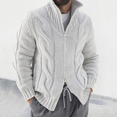Men’s Knit Cardigan – Wool Blend – Relaxed Fit – High Neck – Zip Front – Cable Knit
