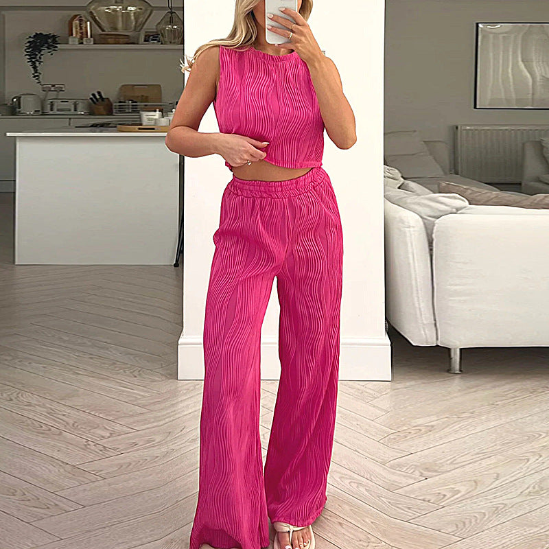 Women’s Two-Piece Set – Ribbed Sleeveless Crop Top – High-Waist Straight-Leg Pants