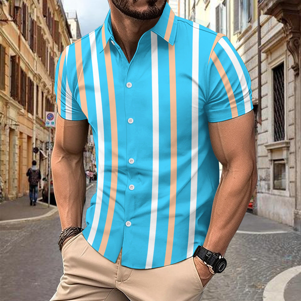 Men’s Button-Up Shirt – Slim Fit – Cotton – Vertical Stripe – Short Sleeve Casual