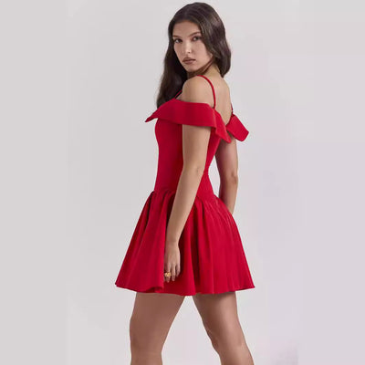 Women’s Fit and Flare Dress – V-Neck – Off-Shoulder Ruffle – Pleated Skirt – Cinched Waist