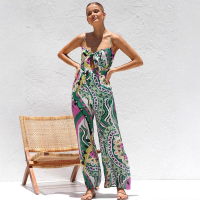 Women’s Jumpsuit – Wide Leg – Spaghetti Strap – Front Tie Cut-Out – Cotton Blend