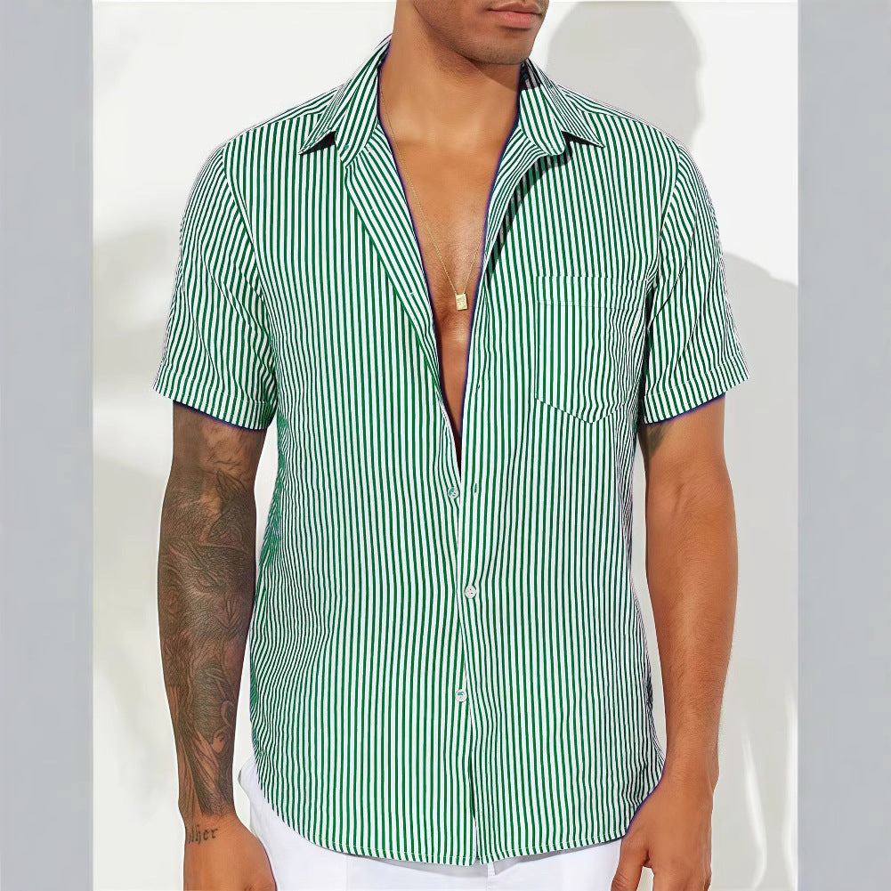 Men’s Short Sleeve Shirt – Cotton Blend – Relaxed Fit – Vertical Stripes – Chest Pocket