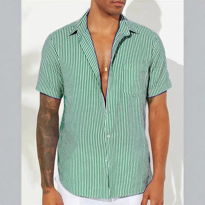 Men’s Short Sleeve Shirt – Cotton Blend – Relaxed Fit – Vertical Stripes – Chest Pocket
