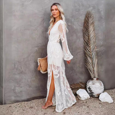 Women’s Long Dress – Lace Chiffon – V-Neck – Sheer Sleeves – High Slit – Formal Fit