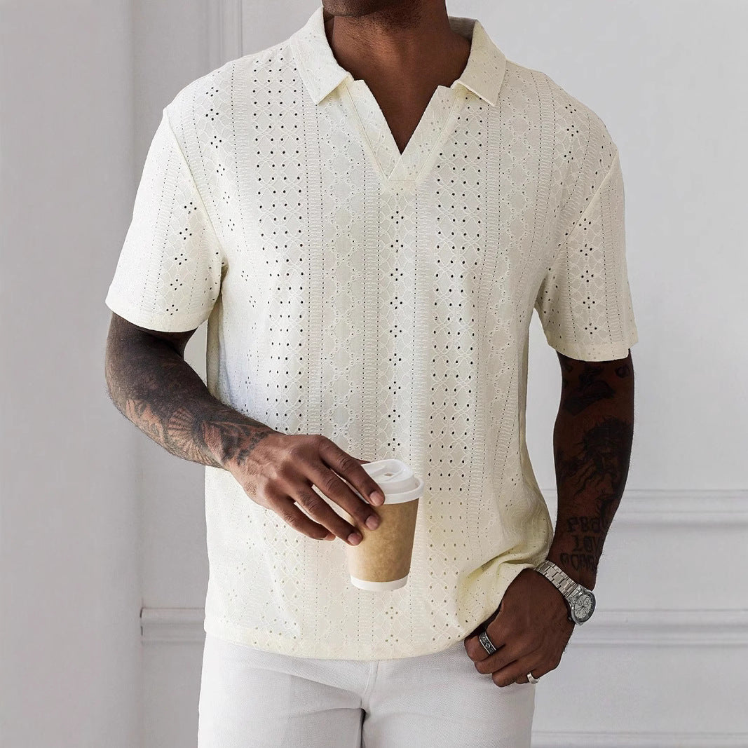 Men’s T-Shirt – Relaxed Fit – V-Neck – Knitted Jacquard – Breathable Lace Texture