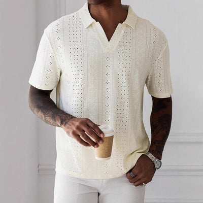 Men’s T-Shirt – Relaxed Fit – V-Neck – Knitted Jacquard – Breathable Lace Texture