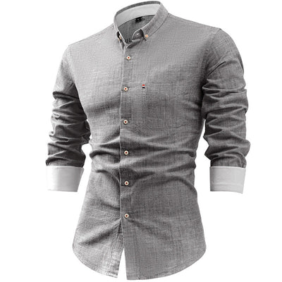 Men’s Button-Up Shirt – Cotton Linen Blend – Slim Fit – Long Sleeve – Point Collar