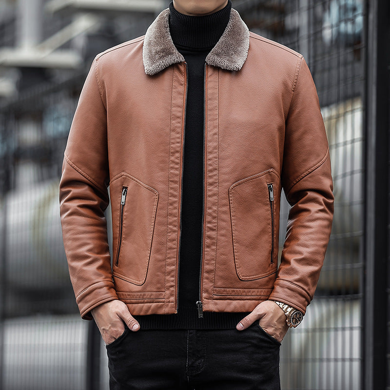 Men’s Leather Jacket – Tailored Fit – Velvet Collar – Zipper Pockets – Structured Style
