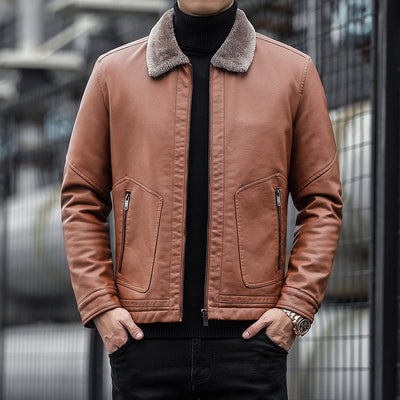 Men’s Leather Jacket – Tailored Fit – Velvet Collar – Zipper Pockets – Structured Style