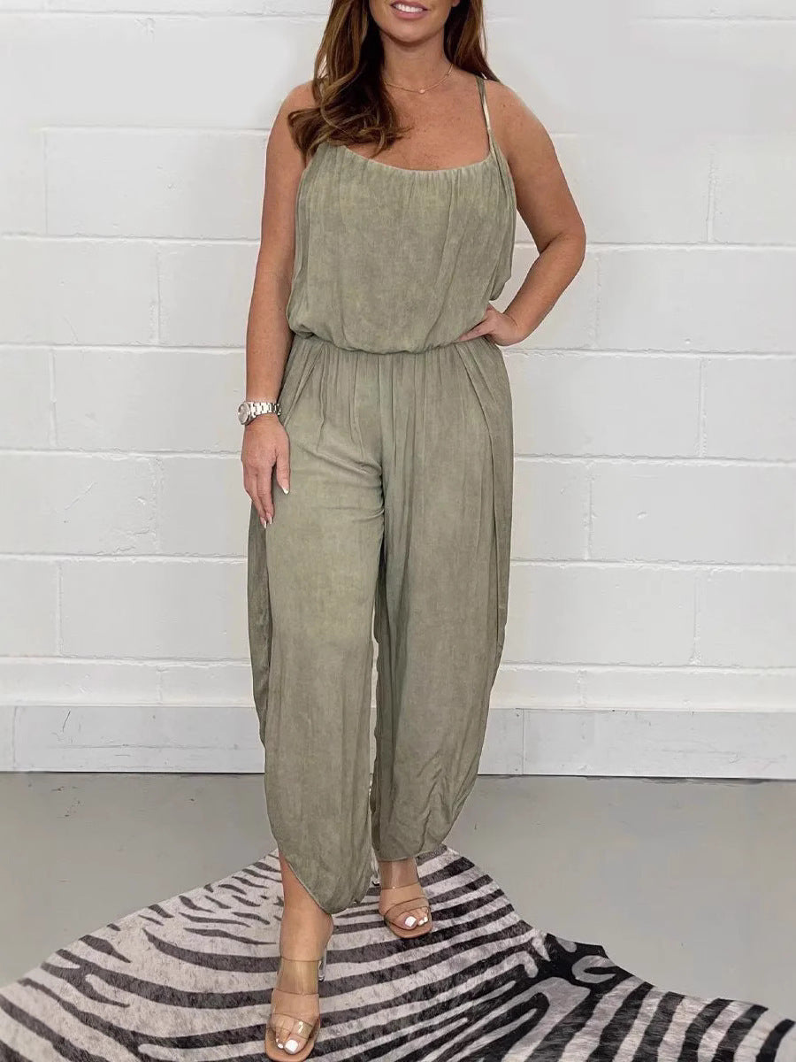 Women’s Jumpsuit – Relaxed Fit – Wide Leg – Spaghetti Straps – Lightweight Draped Fabric