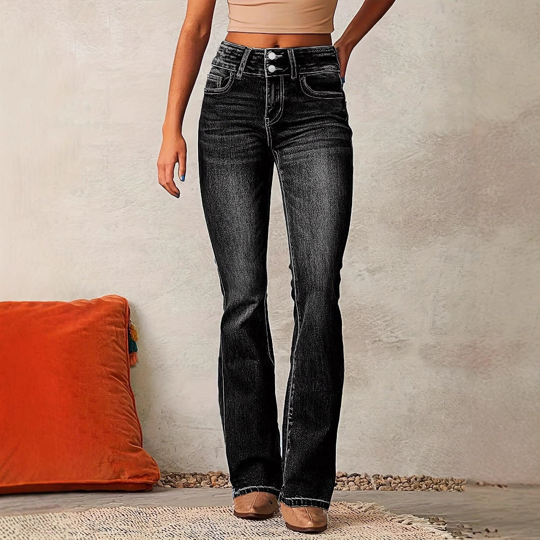 Women’s Flared Jeans – High Waist Stretch Denim – Retro Fit – Full Length Casual Style