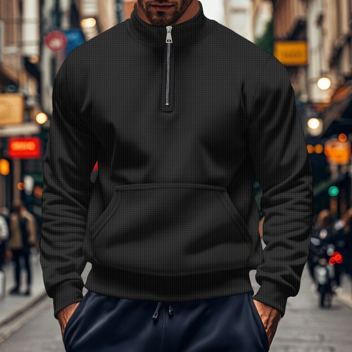 Men’s Sweatshirt – Relaxed Fit – Half Zip – Kangaroo Pocket – Cotton Knit Ribbed Trim