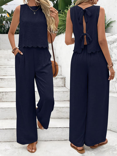 Women’s Top and Pants Set – Sleeveless Scalloped Hem – Wide-Leg Relaxed Fit – Lightweight Woven