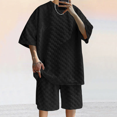 Men’s Two-Piece Set – Jacquard Knit – Loose Fit Shirt & Relaxed Straight Shorts