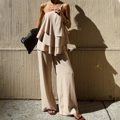 Women’s Two-Piece Set – Asymmetrical Ruffle Top – Wide-Leg Flowy Pants – Soft Fabric