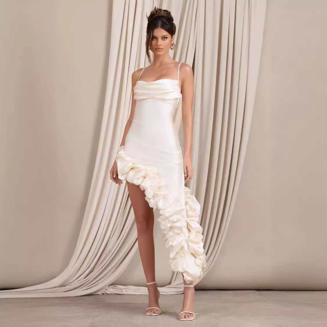 Women’s Evening Gown – Fitted Satin – Spaghetti Straps – Ruched Asymmetric Hem