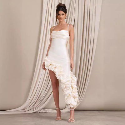 Women’s Evening Gown – Fitted Satin – Spaghetti Straps – Ruched Asymmetric Hem