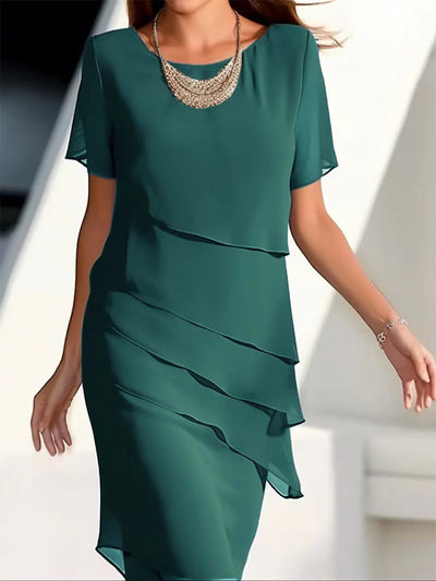 Women's Elegant Layered Dress - Short Sleeves - Flattering A-Line Silhouette