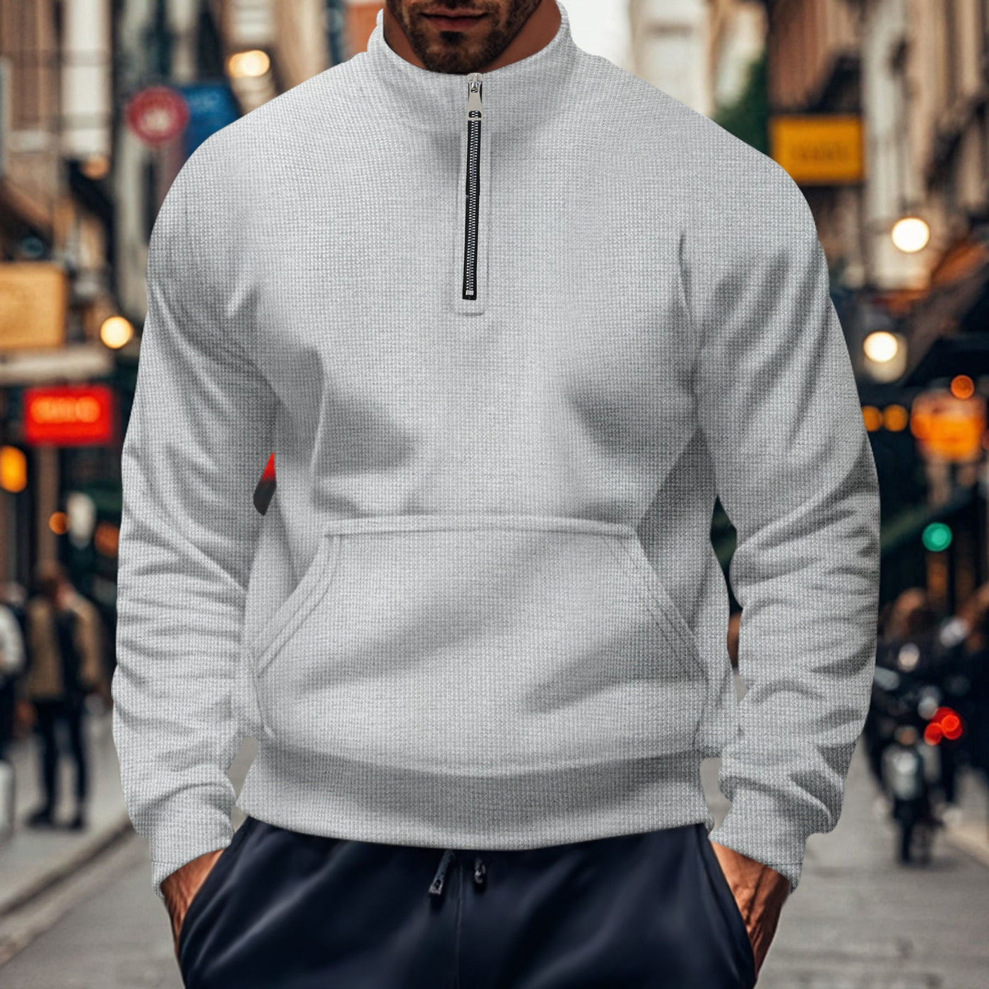 Men’s Sweatshirt – Relaxed Fit – Half Zip – Kangaroo Pocket – Cotton Knit Ribbed Trim