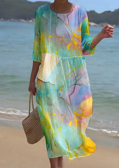 Avencea | Elegant Midi Dress with Floral Print and Round Neckline