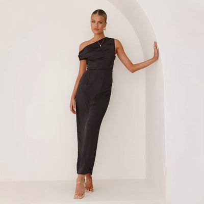 Women’s Midi Dress – Satin-Like Bodycon – One-Shoulder – Draped Bodice – Elegant Fit