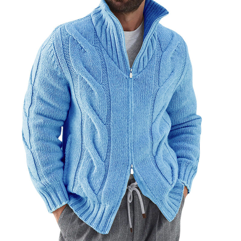 Men’s Knit Cardigan – Wool Blend – Relaxed Fit – High Neck – Zip Front – Cable Knit