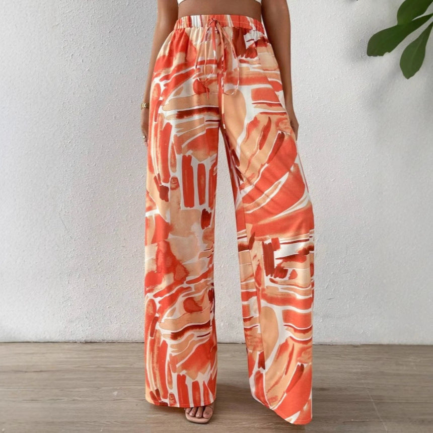 Women’s Wide-Leg Pants – Abstract Print – Elastic Waist – Lightweight Flowing Fit