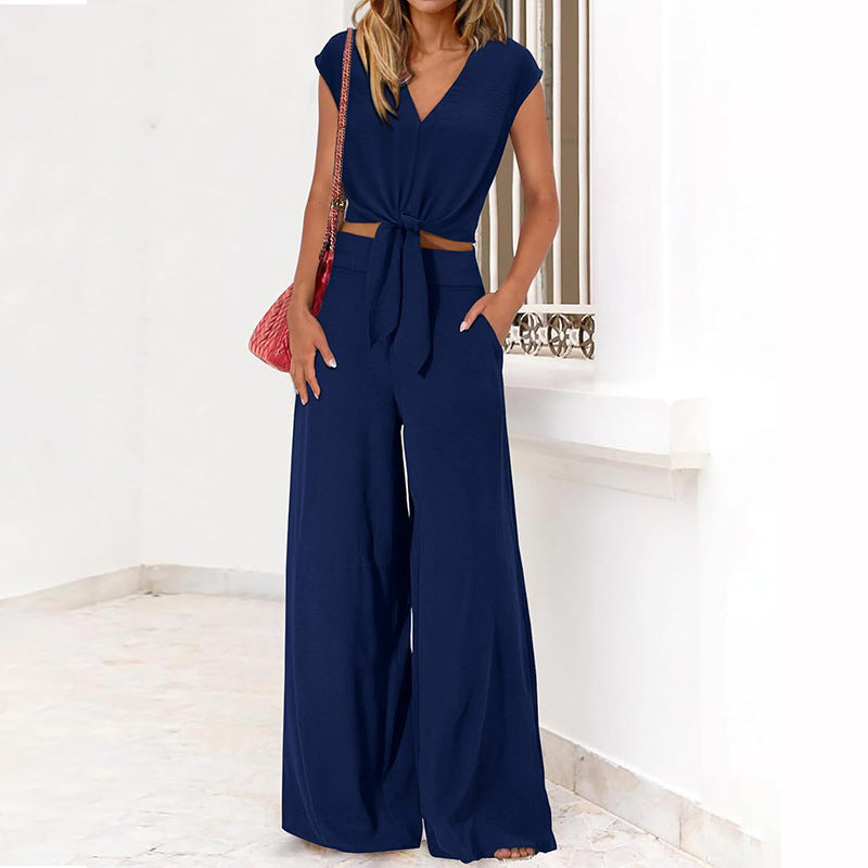 Women’s 2-Piece Set – V-Neck Tie Front Crop Top – High-Waist Wide-Leg Pants