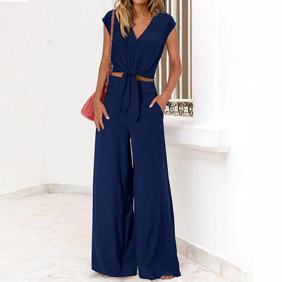 Women’s 2-Piece Set – V-Neck Tie Front Crop Top – High-Waist Wide-Leg Pants