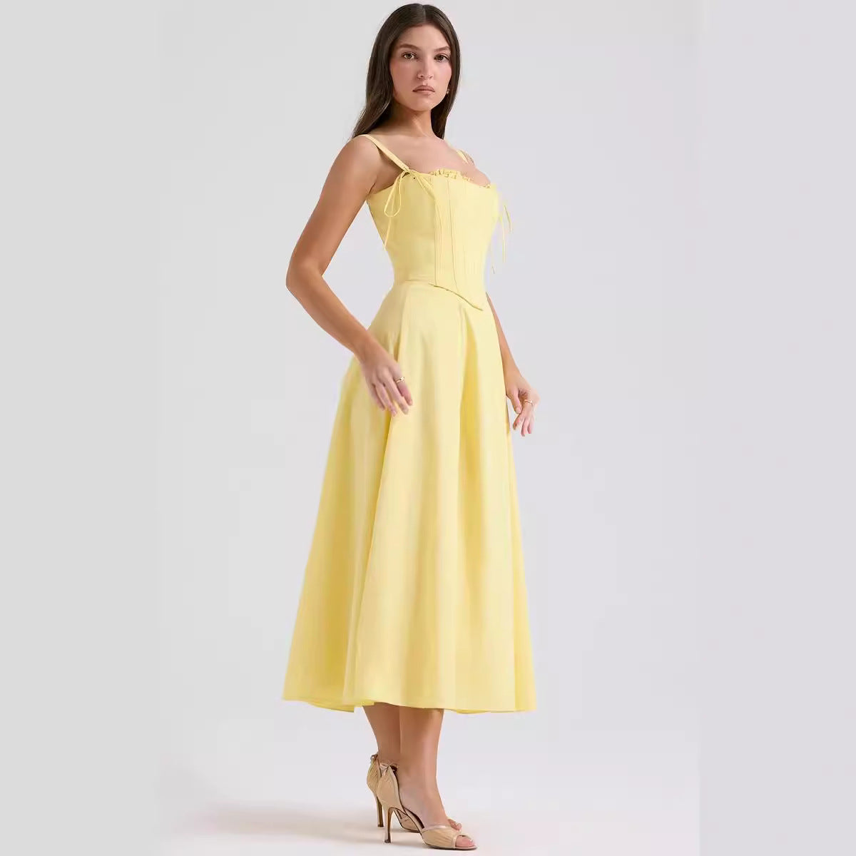Women’s Midi Dress – Slim Fit Corset Bodice – Spaghetti Strap – Elegant A-Line