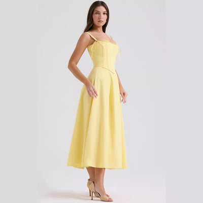 Women’s Midi Dress – Slim Fit Corset Bodice – Spaghetti Strap – Elegant A-Line