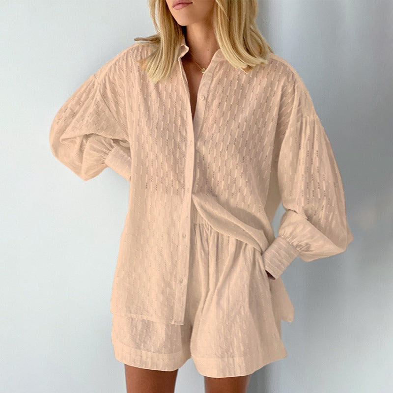 Women’s Blouse and Shorts Set – Jacquard Fabric – Relaxed Fit – Puff Sleeve – Elastic Waist