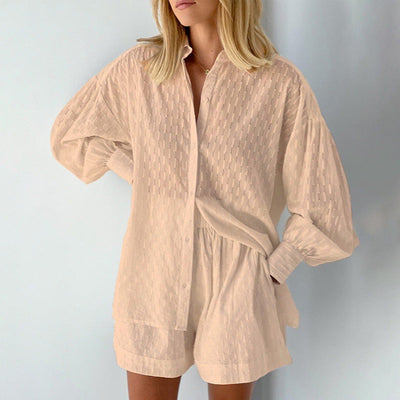 Women’s Blouse and Shorts Set – Jacquard Fabric – Relaxed Fit – Puff Sleeve – Elastic Waist